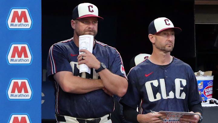 Cleveland Guardians manager Stephen Vogt, left, watches his team during the sixth inning of an MLB game at Progressive Field, Tuesday, June 18, 2024, in Cleveland, Ohio.
