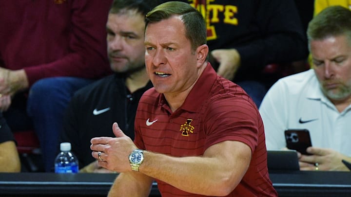 Iowa State Cyclones men's basketball head coach T.J. Otzelberger calls a play during the second half against Long Beach State in the NCAA men’s basketball on Dec. 21, 2025, at Hilton Coliseum in Ames, Iowa.