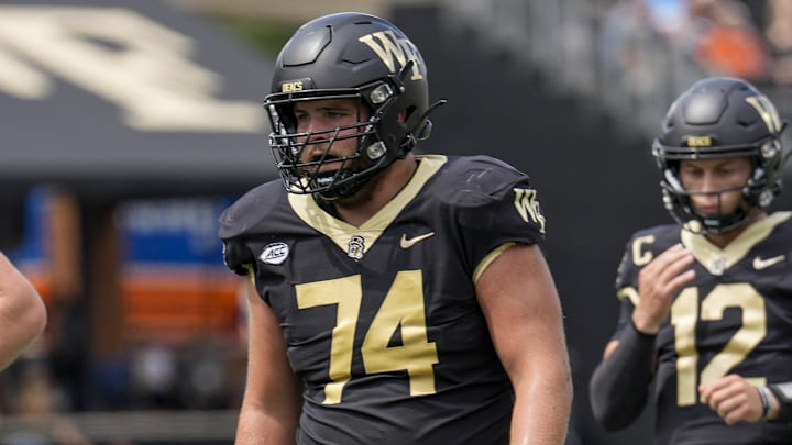 Sep 9, 2023; Winston-Salem, North Carolina, USA; Wake Forest Demon Deacons offensive lineman Luke Petitbon (74) during the second quarter at Allegacy Federal Credit Union Stadium. Mandatory Credit: Jim Dedmon-Imagn Images