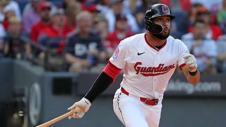 Cleveland Guardians right fielder George Valera (35) watches his shot during the fourth inning of Game 3 of the American League Wild Card Series at Progressive Field, Oct. 2, 2025, in Cleveland, Ohio. Cleveland Guardians right fielder George Valera (35) watches his shot during the fourth inning of Game 3 of the American League Wild Card Series at Progressive Field, Oct. 2, 2025, in Cleveland, Ohio.