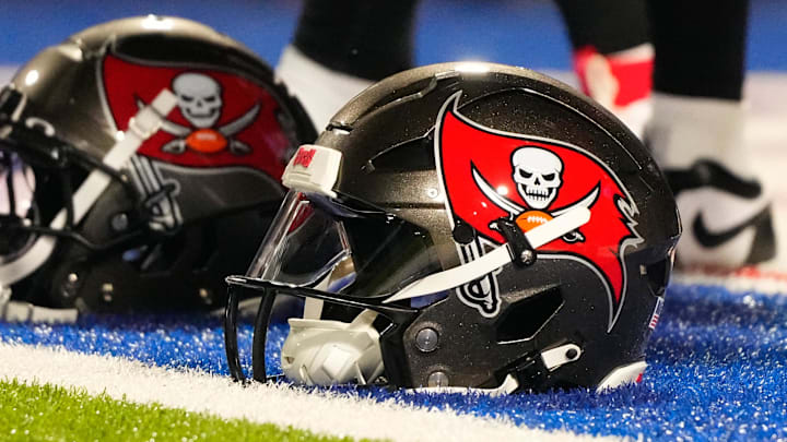 A general view of Tampa Bay Buccaneers helmets prior to the game against the Buffalo Bills.