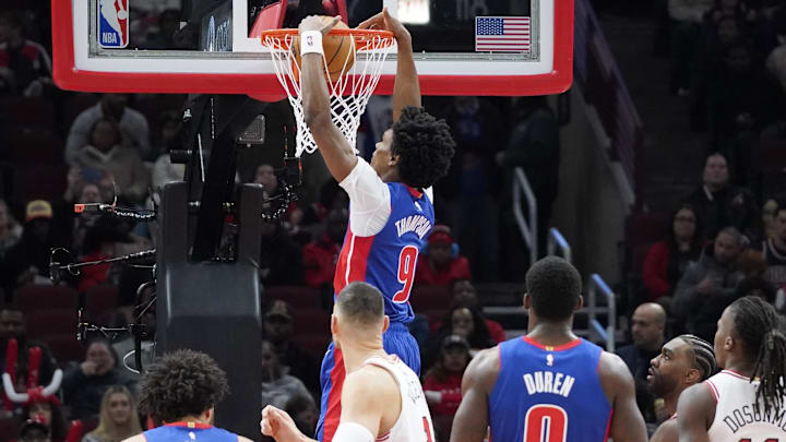 Feb 11, 2025; Chicago, Illinois, USA; Detroit Pistons forward Ausar Thompson (9) dunks: David Banks-Imagn Images