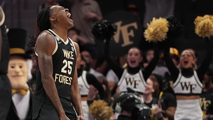 Mar 10, 2026; Charlotte, NC, USA; Wake Forest Demon Deacons forward Tre'von Spillers (25) reacts in the second half at Spectrum Center. Mandatory Credit: Bob Donnan-Imagn Images