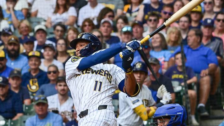 Aug 30, 2026; Milwaukee, Wisconsin, USA; Milwaukee Brewers left fielder Jackson Chourio (11) drives in a run with a base hit in the first inning against the Texas Rangers at American Family Field. Mandatory Credit: Benny Sieu-Imagn Images Aug 30, 2026; Milwaukee, Wisconsin, USA; Milwaukee Brewers left fielder Jackson Chourio (11) drives in a run with a base hit in the first inning against the Texas Rangers at American Family Field. Mandatory Credit: Benny Sieu-Imagn Images