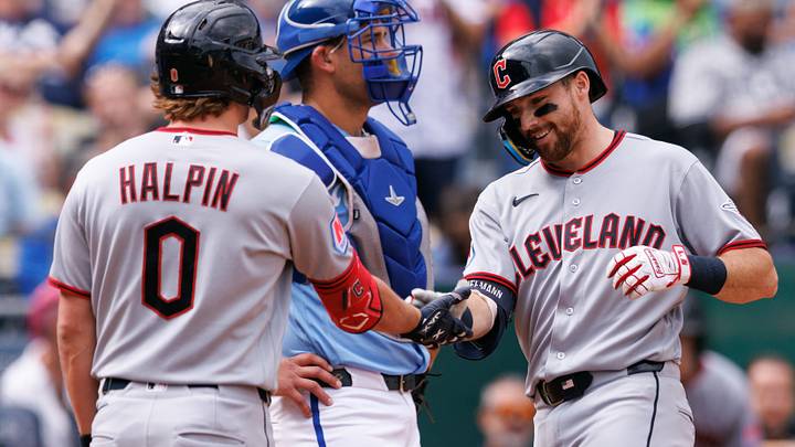 Sep 27, 2026; Kansas City, Missouri, USA; Cleveland Guardians center fielder Daniel Schneemann (10) slaps hands with Cleveland Guardians center fielder Petey Halpin (0) at home plate after hitting a home run during the second inning against the Kansas City Royals at Kauffman Stadium. Mandatory Credit: William Purnell-Imagn Images Sep 27, 2026; Kansas City, Missouri, USA; Cleveland Guardians center fielder Daniel Schneemann (10) slaps hands with Cleveland Guardians center fielder Petey Halpin (0) at home plate after hitting a home run during the second inning against the Kansas City Royals at Kauffman Stadium. Mandatory Credit: William Purnell-Imagn Images