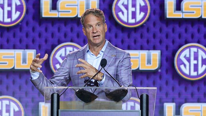 LSU Tigers head coach Lane Kiffin speaks to the press during SEC Football Kickoff Media Day at the Tampa Marriott. Mandatory Credit: Nathan Ray Seebeck-Imagn Images LSU Tigers head coach Lane Kiffin speaks to the press during SEC Football Kickoff Media Day at the Tampa Marriott. Mandatory Credit: Nathan Ray Seebeck-Imagn Images