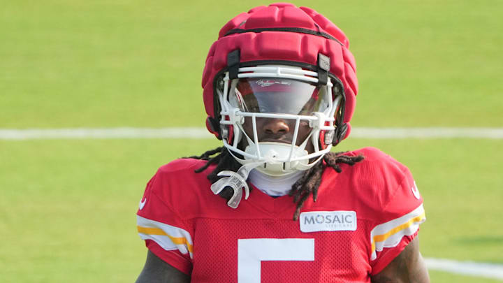 Jul 26, 2024; Kansas City, MO, USA; Kansas City Chiefs wide receiver Marquise “Hollywood” Brown (5) runs drills during training camp at Missouri Western State University. Mandatory Credit: Denny Medley-Imagn Images