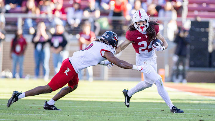Nov 16, 2024; Stanford, California, USA; Stanford Cardinal wide receiver Tiger Bachmeier (24) turns the corner during the second quarter against the Louisville Cardinals at Stanford Stadium. Mandatory Credit: Bob Kupbens-Imagn Images Nov 16, 2024; Stanford, California, USA; Stanford Cardinal wide receiver Tiger Bachmeier (24) turns the corner during the second quarter against the Louisville Cardinals at Stanford Stadium. Mandatory Credit: Bob Kupbens-Imagn Images