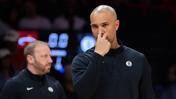 Mar 3, 2026; Miami, Florida, USA; Brooklyn Nets head coach Jordi Fernandez reacts during a timeout against the Miami Heat in the first quarter at Kaseya Center. Mandatory Credit: Sam Navarro-Imagn Images