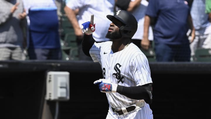 Jul 10, 2024; Chicago, Illinois, USA;  Chicago White Sox outfielder Luis Robert Jr. (88) reacts after hitting a two-run home run against the Minnesota Twins during the sixth inning at Guaranteed Rate Field. Mandatory Credit: Matt Marton-USA TODAY Sports