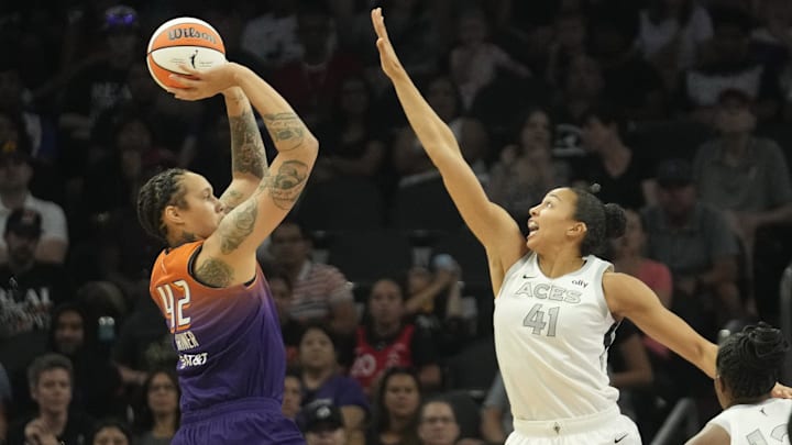 Phoenix Mercury center Brittney Griner (42) shoots over Las Vegas Aces center Kiah Stokes (41) during the second quarter at Footprint Center on Sept. 1, 2024, in Phoenix.