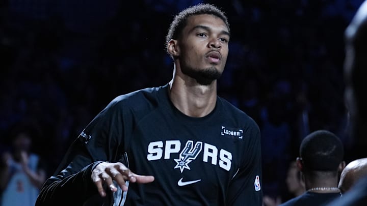 Oct 27, 2025; San Antonio, Texas, USA;  San Antonio Spurs forward/center Victor Wembanyama (1) is introduced before the game against the Toronto Raptors at Frost Bank Center. Mandatory Credit: Daniel Dunn-Imagn Images