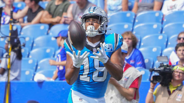 Aug 24, 2024; Orchard Park, New York, USA; Carolina Panthers wide receiver Jalen Coker (18) makes a catch for a touchdown against the Buffalo Bills during the second half at Highmark Stadium. Mandatory Credit: Gregory Fisher-Imagn Images Aug 24, 2024; Orchard Park, New York, USA; Carolina Panthers wide receiver Jalen Coker (18) makes a catch for a touchdown against the Buffalo Bills during the second half at Highmark Stadium. Mandatory Credit: Gregory Fisher-Imagn Images