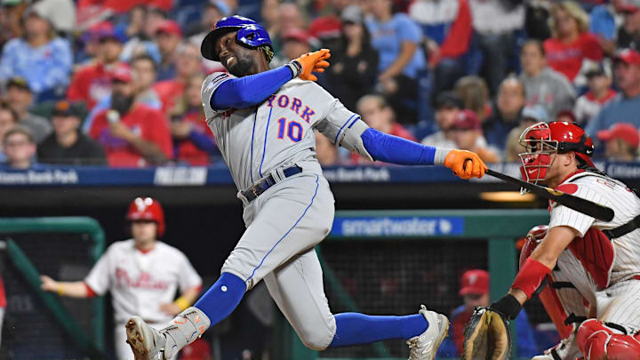 New York Mets shortstop Ronny Mauricio (10) hits a two run home run during the sixth inning against the Philadelphia Phillies at Citizens Bank Park. 