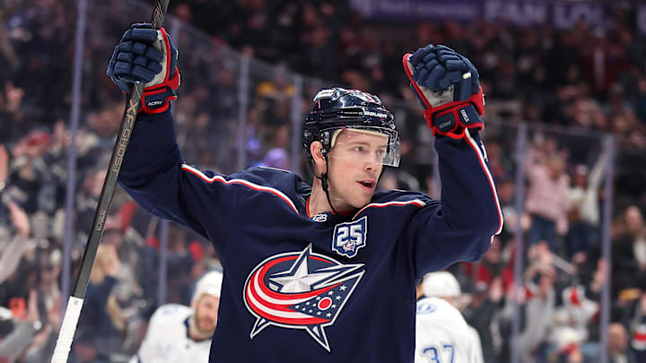 Jan 24, 2026; Columbus, Ohio, USA; Columbus Blue Jackets center Charlie Coyle (3) celebrates his goal during the second period against the Tampa Bay Lightning at Nationwide Arena. Mandatory Credit: Joseph Maiorana-Imagn Images Jan 24, 2026; Columbus, Ohio, USA; Columbus Blue Jackets center Charlie Coyle (3) celebrates his goal during the second period against the Tampa Bay Lightning at Nationwide Arena. Mandatory Credit: Joseph Maiorana-Imagn Images