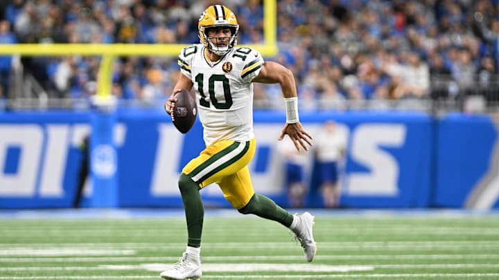 Nov 23, 2023; Detroit, Michigan, USA; Green Bay Packers quarterback Jordan Love (10) runs out of the
