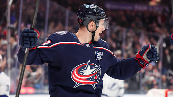 Jan 24, 2026; Columbus, Ohio, USA;  Columbus Blue Jackets center Charlie Coyle (3) celebrates his goal during the second period against the Tampa Bay Lightning at Nationwide Arena. Mandatory Credit: Joseph Maiorana-Imagn Images
