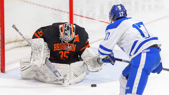 Brighton's Levi Pennala (35) stops a shot off the stick of Detroit Catholic Central's Joe Sievert in the state Division 1 championship hockey game Saturday, March 9, 2024.