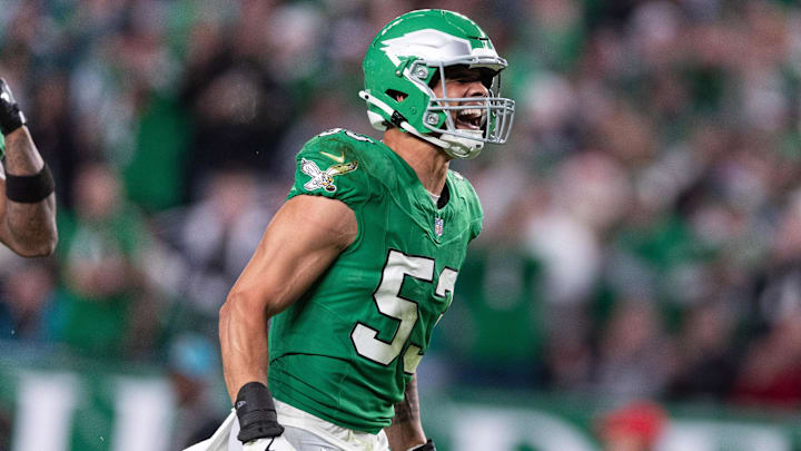 Nov 3, 2024; Philadelphia, Pennsylvania, USA; Philadelphia Eagles linebacker Zack Baun (53) reacts after his interception against the Jacksonville Jaguars during the second quarter at Lincoln Financial Field. Mandatory Credit: Bill Streicher-Imagn Images