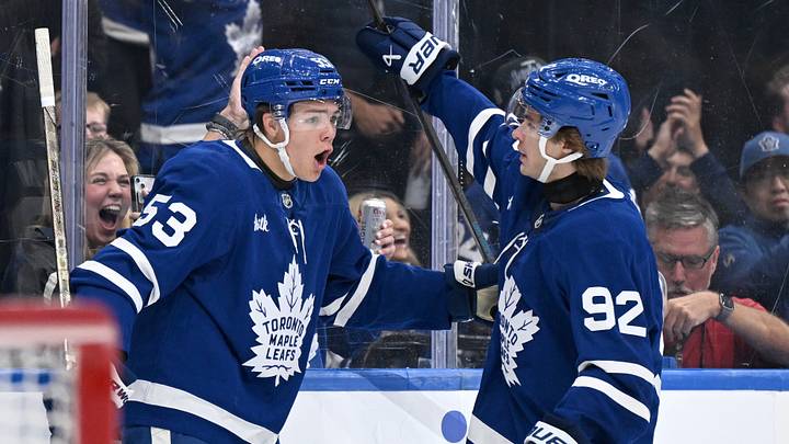 Sep 30, 2026; Toronto, Ontario, CAN; Toronto Maple Leafs forward Easton Cowan (53) celebrates with forward Gavin McKenna (92) after scoring a goal against the New York Islanders in the first period at Scotiabank Arena. Mandatory Credit: Dan Hamilton-Imagn Images Sep 30, 2026; Toronto, Ontario, CAN; Toronto Maple Leafs forward Easton Cowan (53) celebrates with forward Gavin McKenna (92) after scoring a goal against the New York Islanders in the first period at Scotiabank Arena. Mandatory Credit: Dan Hamilton-Imagn Images