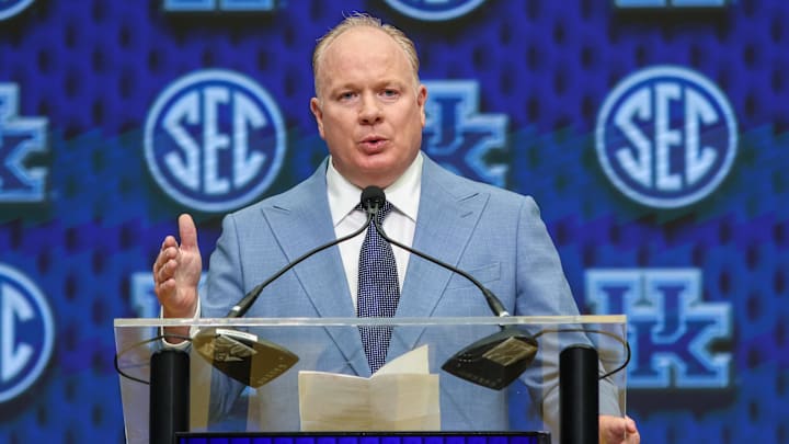 Jul 17, 2025; Atlanta, GA, USA; Kentucky Wildcats head coach Mark Stoops talks to the media during the SEC Media Days at Omni Atlanta Hotel. Mandatory Credit: Jordan Godfree-Imagn Images