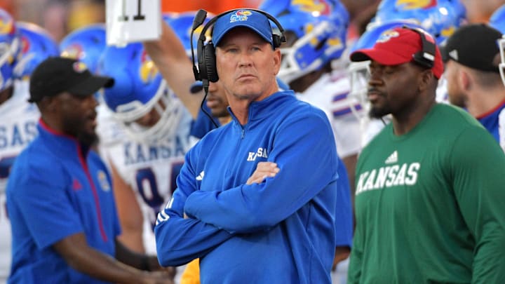 Sep 7, 2024; Champaign, Illinois, USA; Kansas Jayhawks head coach Lance Leipold during the first half against the Illinois Fighting Illini at Memorial Stadium. Mandatory Credit: Ron Johnson-Imagn Images Sep 7, 2024; Champaign, Illinois, USA; Kansas Jayhawks head coach Lance Leipold during the first half against the Illinois Fighting Illini at Memorial Stadium. Mandatory Credit: Ron Johnson-Imagn Images