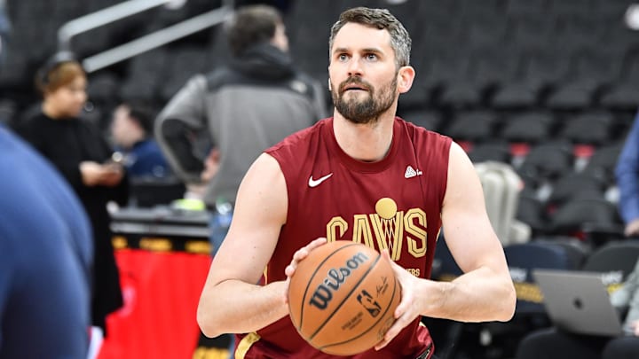 Feb 6, 2023; Washington, District of Columbia, USA; Cleveland Cavaliers forward Kevin Love (0) warms up before the game between the Washington Wizards and the Cleveland Cavaliers at Capital One Arena. Mandatory Credit: Brad Mills-Imagn Images