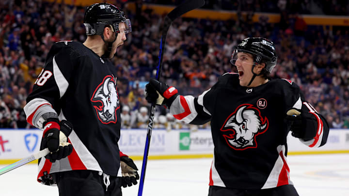 Mar 2, 2024; Buffalo, New York, USA;  Buffalo Sabres left wing Zemgus Girgensons (28) celebrates his