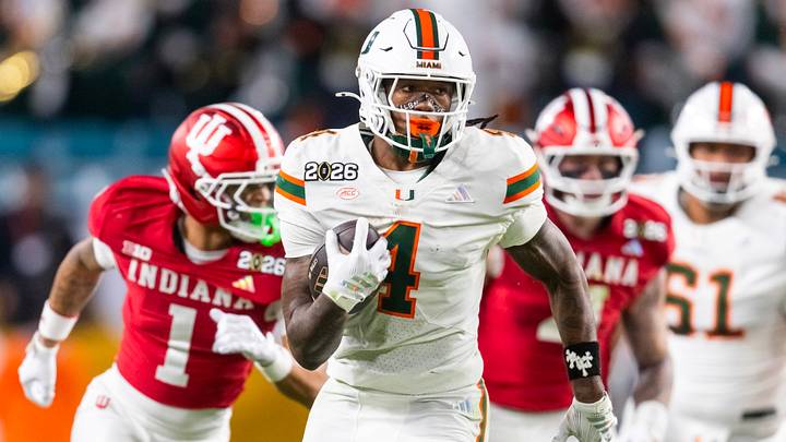 Jan 19, 2026; Miami Gardens, FL, USA; Miami Hurricanes running back Mark Fletcher Jr. (4) runs for a touchdown against the Indiana Hoosiers during the College Football Playoff National Championship game at Hard Rock Stadium. Mandatory Credit: Mark J. Rebilas-Imagn Images Jan 19, 2026; Miami Gardens, FL, USA; Miami Hurricanes running back Mark Fletcher Jr. (4) runs for a touchdown against the Indiana Hoosiers during the College Football Playoff National Championship game at Hard Rock Stadium. Mandatory Credit: Mark J. Rebilas-Imagn Images