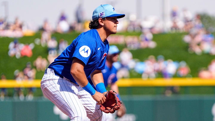 Feb 27, 2025; Mesa, Arizona, USA; Chicago Cubs infielder Nicky Lopez (6) readies himself in the third inning during a spring training game against the Los Angeles Angels at Sloan Park.