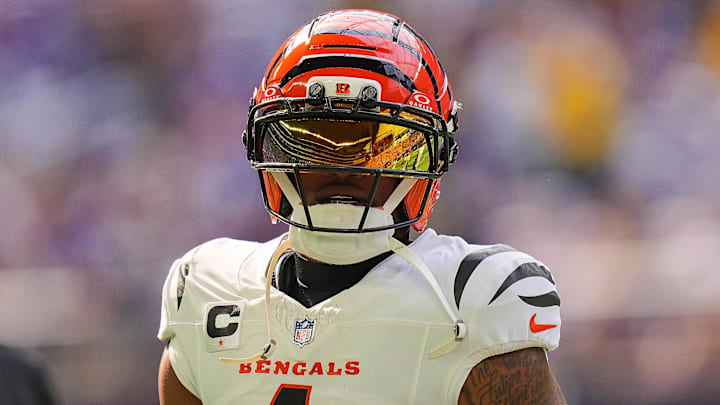 Sep 21, 2025; Minneapolis, Minnesota, USA; Cincinnati Bengals wide receiver Ja'Marr Chase (1) warms up prior to a game against the Minnesota Vikings at U.S. Bank Stadium. Mandatory Credit: Brad Rempel-Imagn Images