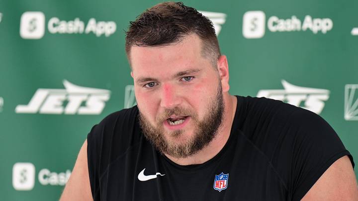 Jul 25, 2025; Florham Park, NJ, USA; New York Jets center Josh Myers (71) speaks to the media during training camp at Atlantic Health Jets Training Center. Mandatory Credit: John Jones-Imagn Images