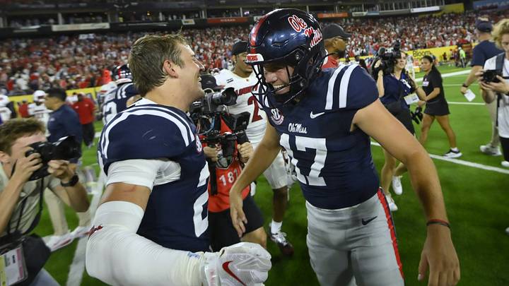 Mississippi Rebels kicker Lucas Carneiro celebrates with safety Andy Jaffe after kicking the game winning field goal as time expires against the Louisville Cardinals at Nissan Stadium. Mandatory Credit: Steve Roberts-Imagn Images Mississippi Rebels kicker Lucas Carneiro celebrates with safety Andy Jaffe after kicking the game winning field goal as time expires against the Louisville Cardinals at Nissan Stadium. Mandatory Credit: Steve Roberts-Imagn Images