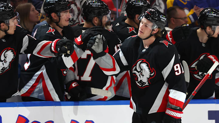 Apr 9, 2026; Buffalo, New York, USA; Buffalo Sabres right wing Josh Doan (91) celebrates his goal with teammates during the third period against the Columbus Blue Jackets at KeyBank Center. Mandatory Credit: Timothy T. Ludwig-Imagn Images Apr 9, 2026; Buffalo, New York, USA; Buffalo Sabres right wing Josh Doan (91) celebrates his goal with teammates during the third period against the Columbus Blue Jackets at KeyBank Center. Mandatory Credit: Timothy T. Ludwig-Imagn Images