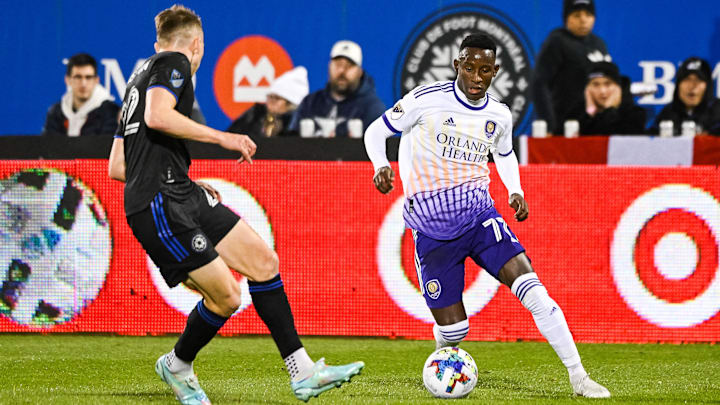 Oct 16, 2022; Montreal, Quebec, Canada; Orlando City SC forward Ivan Angulo (77) dribbles the ball