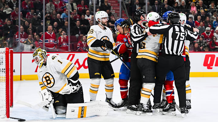Mar 17, 2026; Montreal, Quebec, CAN; Brawl between Montreal Canadiens and Boston Bruins players in front of Jeremy Swayman (1) net during the second period at Bell Centre. Mandatory Credit: David Kirouac-Imagn Images