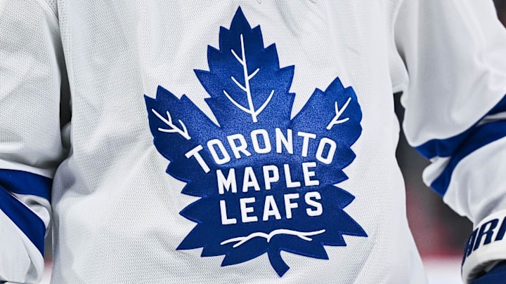 Jan 18, 2025; Montreal, Quebec, CAN; View of a Toronto Maple Leafs logo on a jersey worn by a member of the team during the second period at Bell Centre. Mandatory Credit: David Kirouac-Imagn Images