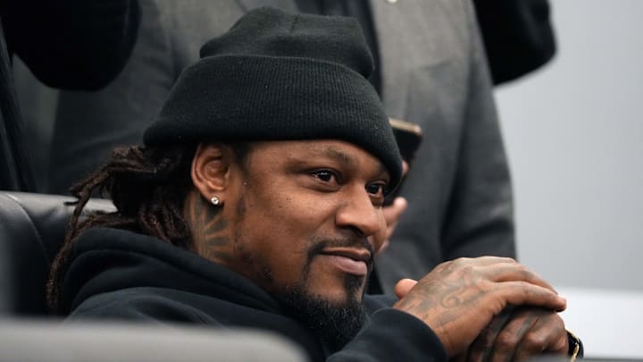 Jan 27, 2025; Las Vegas, NV, USA; Marshawn Lynch at a press conference at Intermountain Health Performance Center.