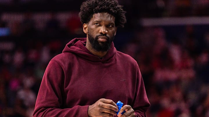 Feb 21, 2026; New Orleans, Louisiana, USA; Philadelphia 76ers center Joel Embiid (21) looks on against the New Orleans Pelicans during the first half at Smoothie King Center. Mandatory Credit: Stephen Lew-Imagn Images Feb 21, 2026; New Orleans, Louisiana, USA; Philadelphia 76ers center Joel Embiid (21) looks on against the New Orleans Pelicans during the first half at Smoothie King Center. Mandatory Credit: Stephen Lew-Imagn Images