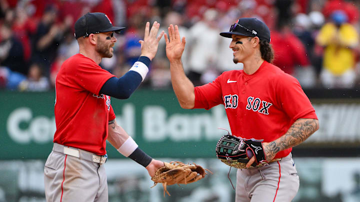 Apr 12, 2026; St. Louis, Missouri, USA; Boston Red Sox shortstop Trevor Story (10) and left fielder Jarren Duran (16) celebrate after the Red Sox defeated the St. Louis Cardinals at Busch Stadium. Mandatory Credit: Jeff Curry-Imagn Images