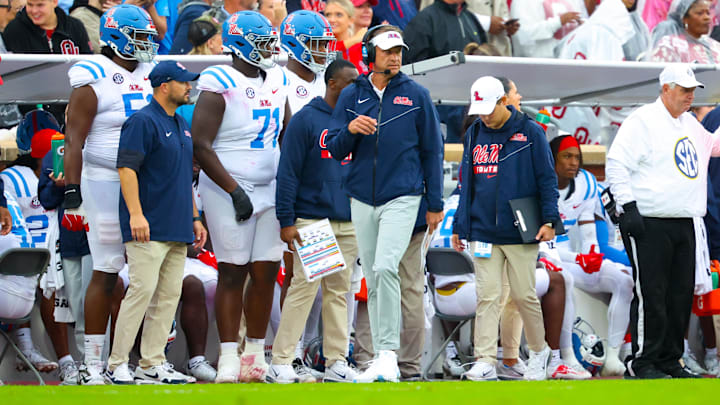 Oct 25, 2025; Norman, Oklahoma, USA;  Ole Miss Rebels head coach Lane Kiffin during the game against the Oklahoma Sooners at Gaylord Family-Oklahoma Memorial Stadium. Mandatory Credit: Kevin Jairaj-Imagn Images