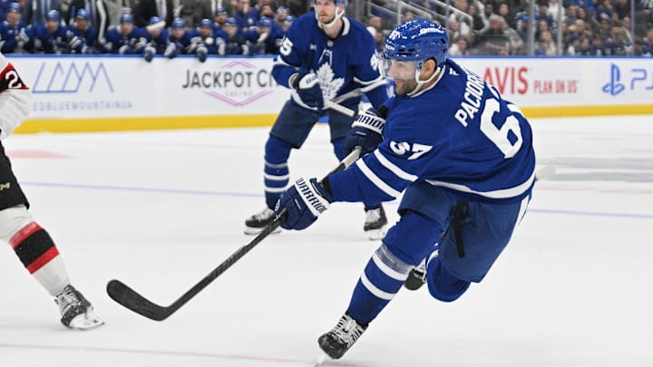Sep 22, 2024; Toronto, Ontario, CAN;  Toronto Maple Leafs forward Max Pacioretty (67) shoots the puck against the Ottawa Senators in the third period at Scotiabank Arena. Mandatory Credit: Dan Hamilton-Imagn Images