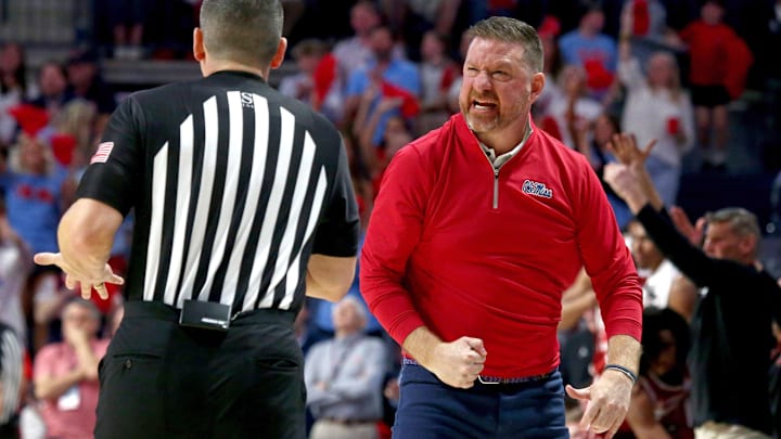 Mar 1, 2025; Oxford, Mississippi, USA; Mississippi Rebels head coach Chris Beard reacts toward an official during the second half against the Oklahoma Sooners at The Sandy and John Black Pavilion at Ole Miss. Mandatory Credit: Petre Thomas-Imagn Images