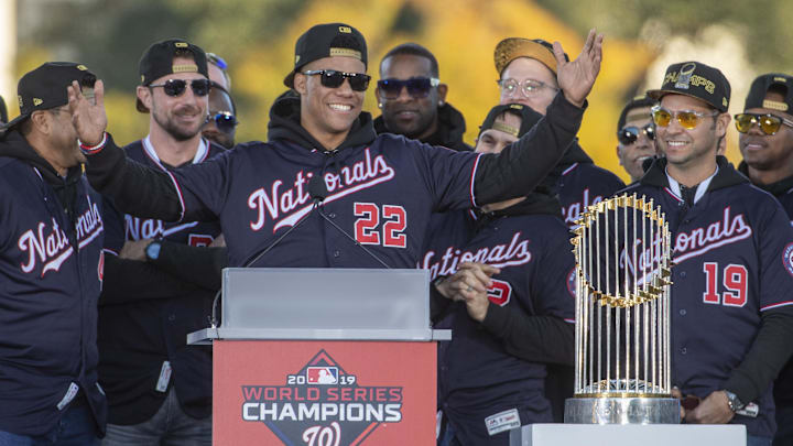 Nov 2, 2019; Washington, DC, USA; Washington Nationals left fielder Juan Soto (22) at World Series Championship Parade.