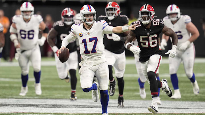 Oct 13, 2025; Atlanta, Georgia, USA; Buffalo Bills quarterback Josh Allen (17) carries the ball against the Atlanta Falcons Oct 13, 2025; Atlanta, Georgia, USA; Buffalo Bills quarterback Josh Allen (17) carries the ball against the Atlanta Falcons