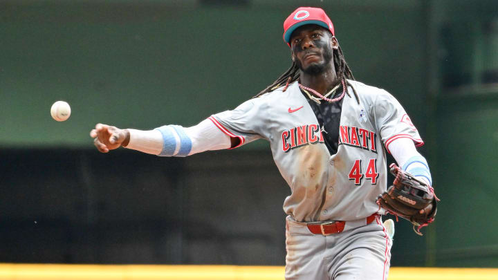 Jun 16, 2024; Milwaukee, Wisconsin, USA; Cincinnati Reds shortstop Elly De La Cruz (44) throws out Milwaukee Brewers  catcher William Contreras (not pictured) in the third inning at American Family Field. Mandatory Credit: Benny Sieu-USA TODAY Sports
