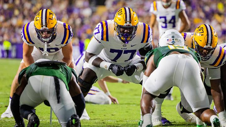 Sep 20, 2025; Baton Rouge, Louisiana, USA; LSU Tigers offensive tackle Ory Williams (77) lines up against the Southeastern Louisiana Lions during the first half at Tiger Stadium. Mandatory Credit: Stephen Lew-Imagn Images Sep 20, 2025; Baton Rouge, Louisiana, USA; LSU Tigers offensive tackle Ory Williams (77) lines up against the Southeastern Louisiana Lions during the first half at Tiger Stadium. Mandatory Credit: Stephen Lew-Imagn Images