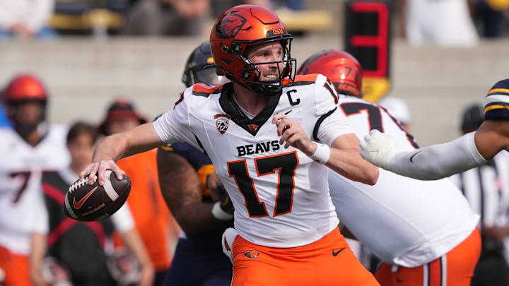 Oct 26, 2024; Berkeley, California, USA; Oregon State Beavers quarterback Ben Gulbranson (17) throws a pass against the California Golden Bears during the second quarter at California Memorial Stadium. Mandatory Credit: Darren Yamashita-Imagn Images Oct 26, 2024; Berkeley, California, USA; Oregon State Beavers quarterback Ben Gulbranson (17) throws a pass against the California Golden Bears during the second quarter at California Memorial Stadium. Mandatory Credit: Darren Yamashita-Imagn Images