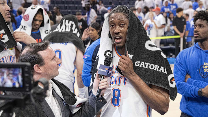 May 13, 2025; Oklahoma City, Oklahoma, USA; Oklahoma City Thunder forward Jalen Williams (8) talks to tv reporters after his team defeated the Denver Nuggets during the  game five of the second round for the 2025 NBA Playoffs at Paycom Center. Mandatory Credit: Alonzo Adams-Imagn Images