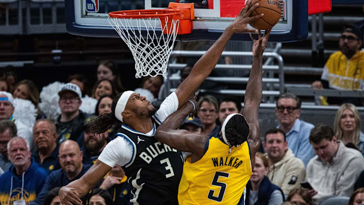 Milwaukee Bucks center/forward Myles Turner  blocked former Indiana Pacers teammate Jarace Walker in his first trip back into Gainbridge Fieldhouse as a visitor on Nov. 3. Mandatory Credit: Trevor Ruszkowski-Imagn Images